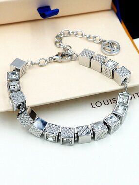 LV Charm Cubic Zirconia Bracelet Silver Tone Adjustable Chain